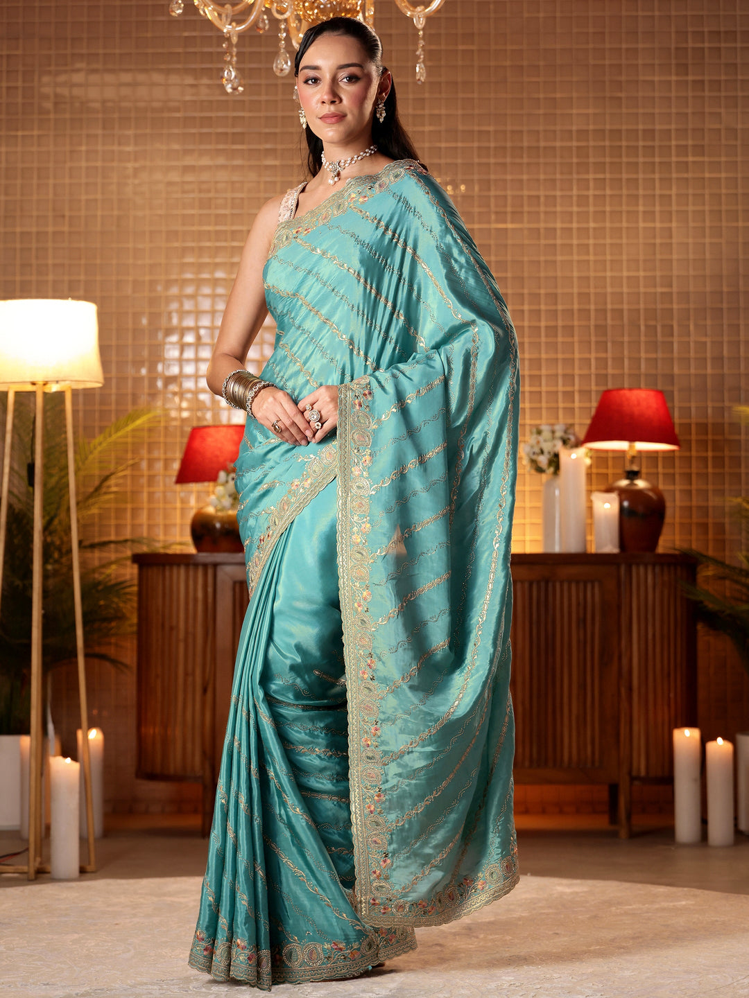  Blue Ethnic Motif Embroidered Satin Saree 