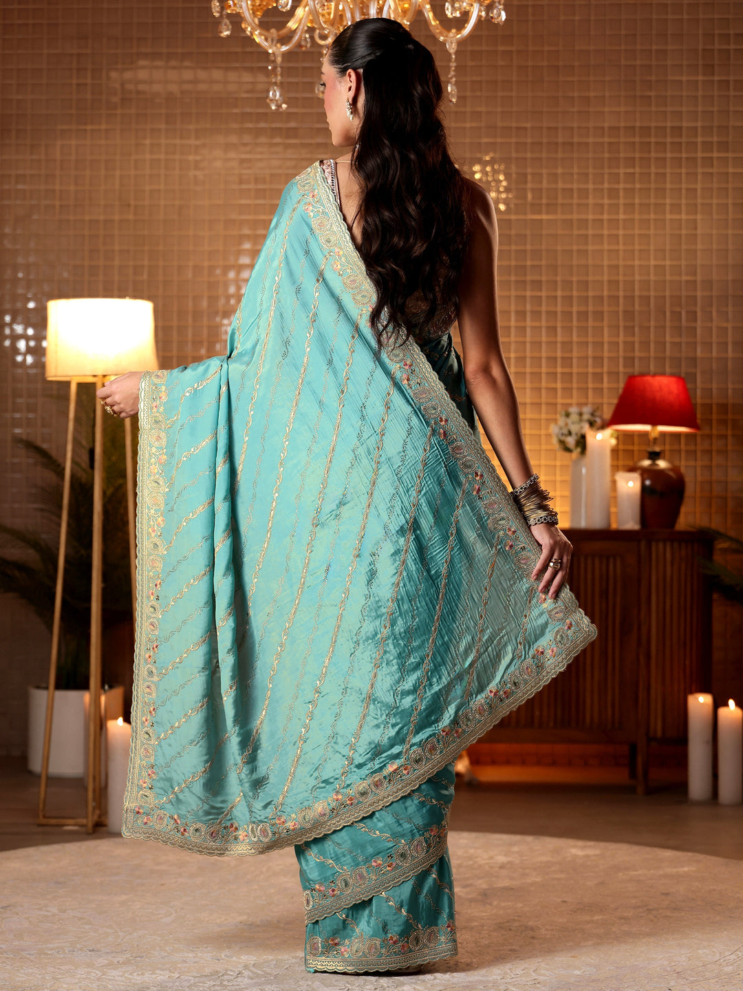  Blue Ethnic Motif Embroidered Satin Saree 