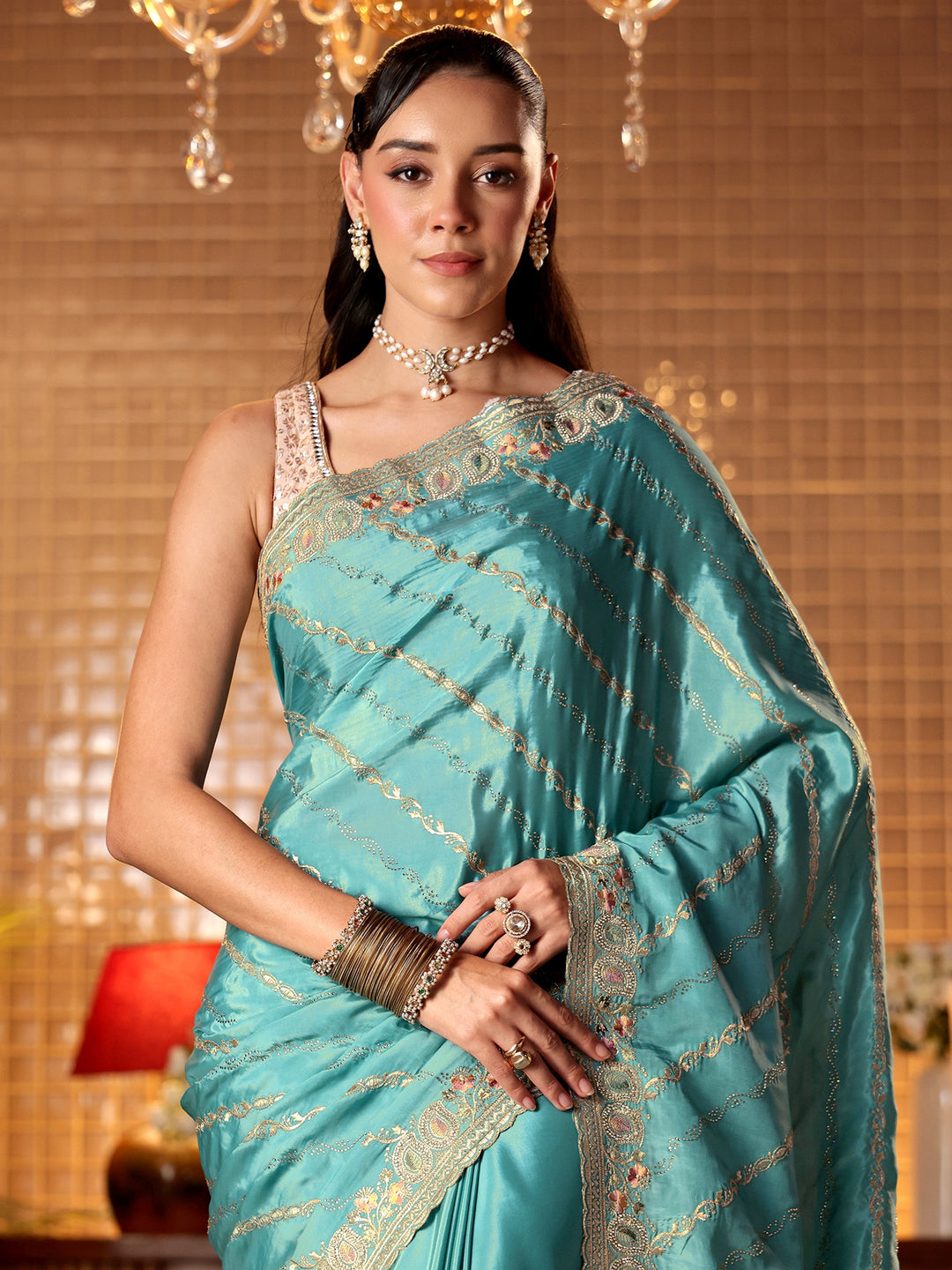  Blue Ethnic Motif Embroidered Satin Saree 