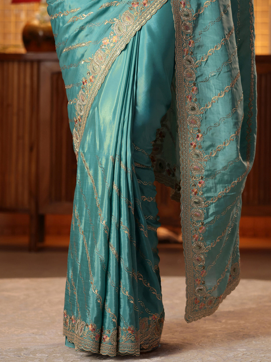  Blue Ethnic Motif Embroidered Satin Saree 