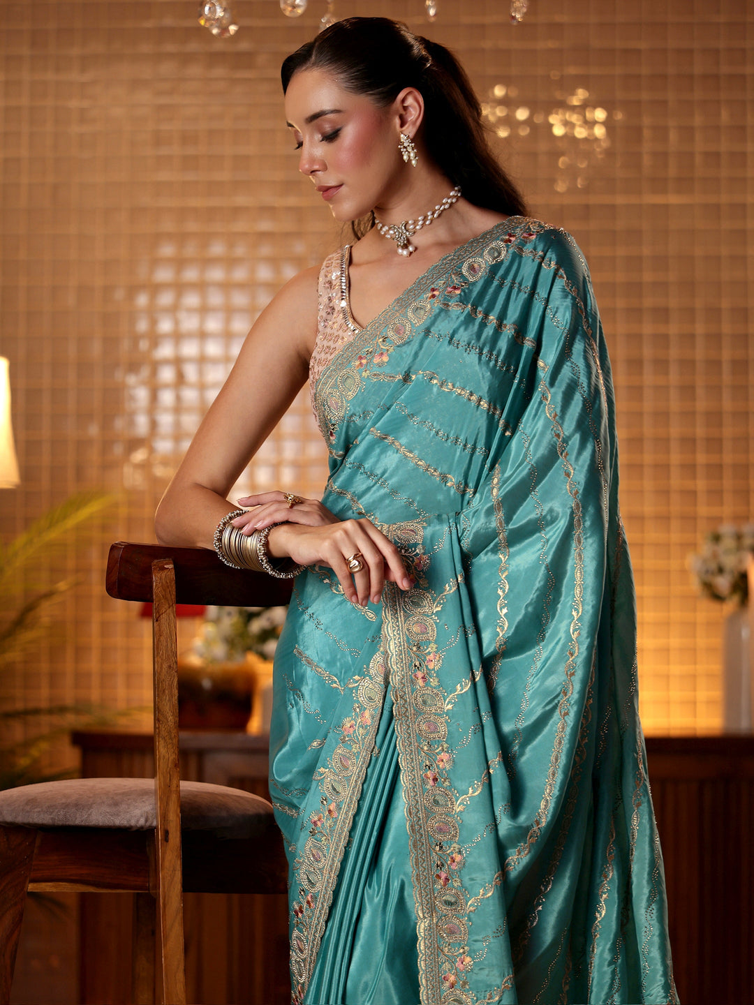  Blue Ethnic Motif Embroidered Satin Saree 