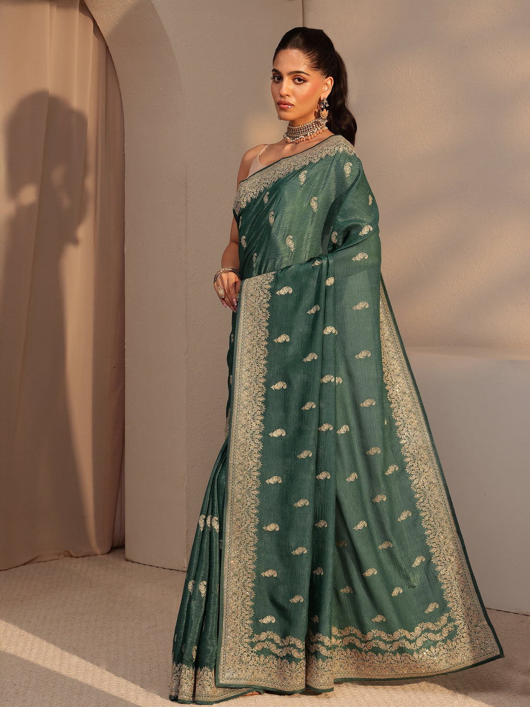  Bottle Green Ethnic Embroidered Chiffon Saree 