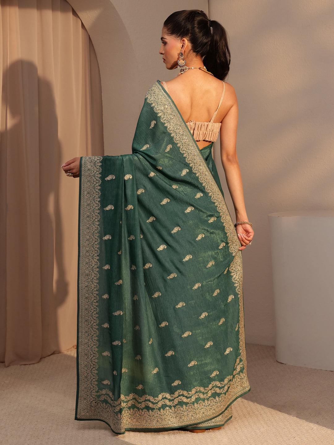 Bottle Green Ethnic Embroidered Chiffon Saree 