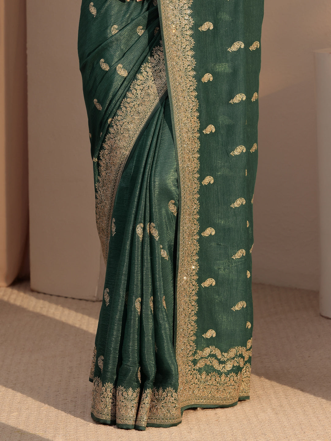  Bottle Green Ethnic Embroidered Chiffon Saree 