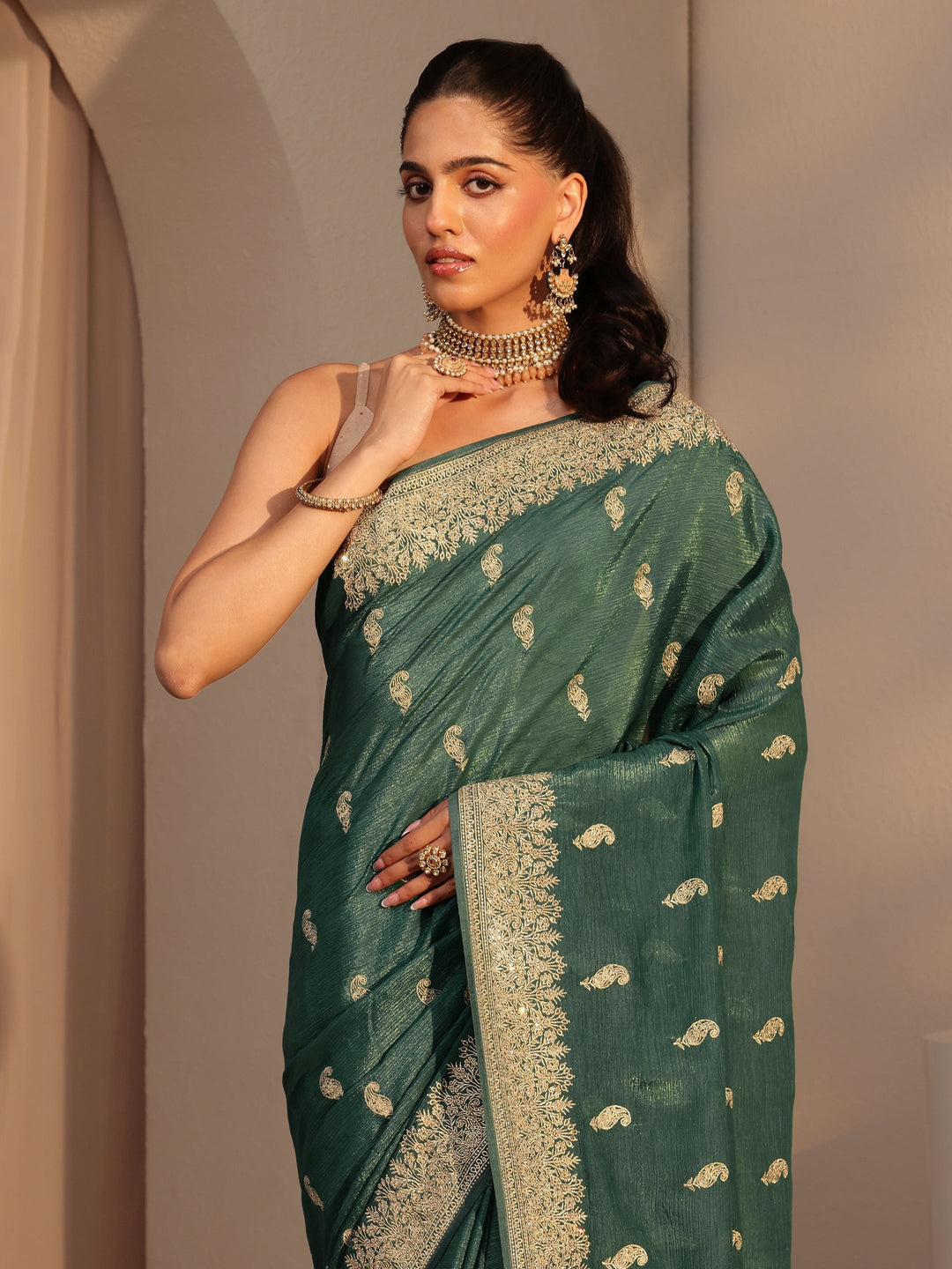  Bottle Green Ethnic Embroidered Chiffon Saree 