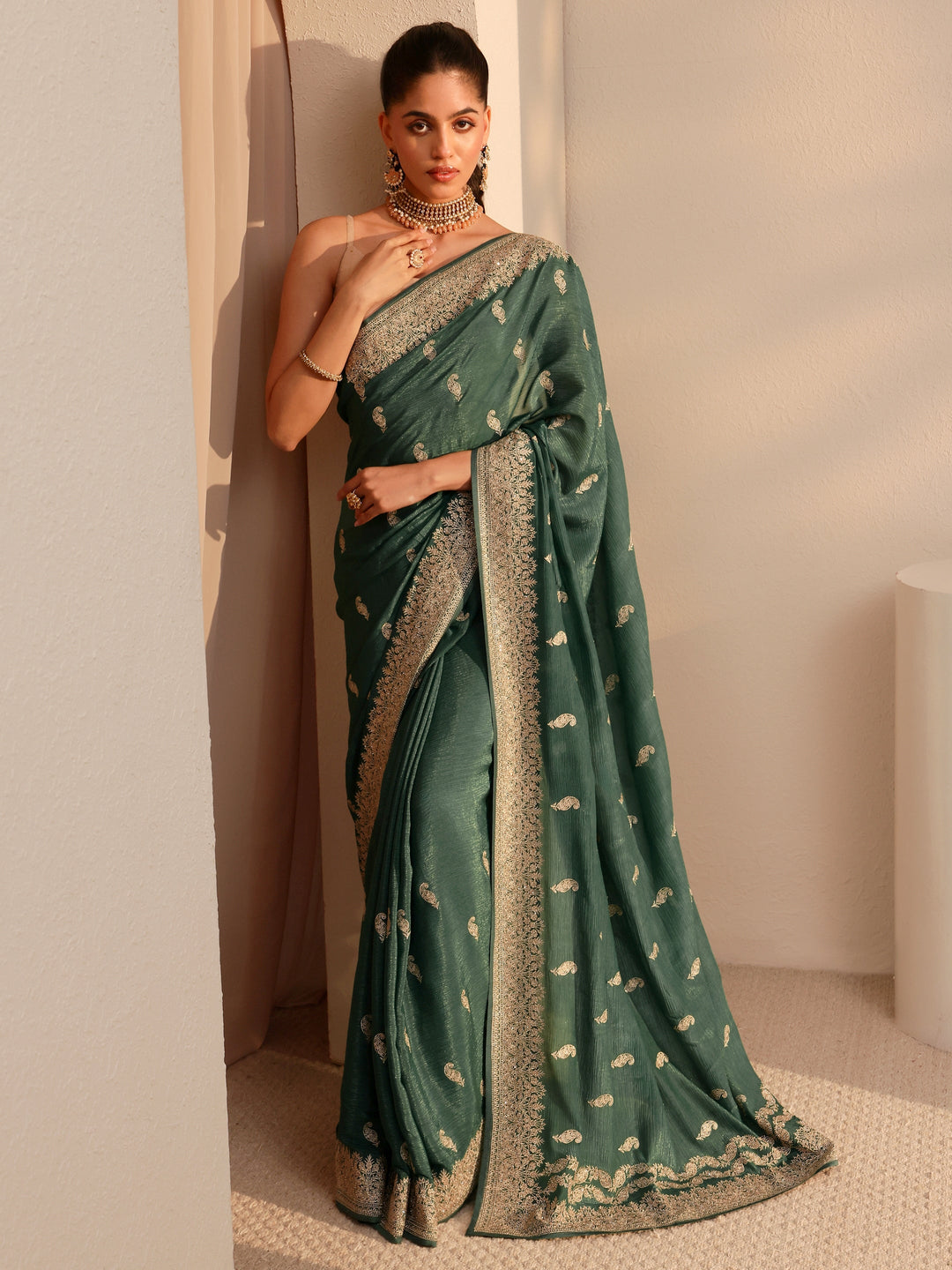  Bottle Green Ethnic Embroidered Chiffon Saree 