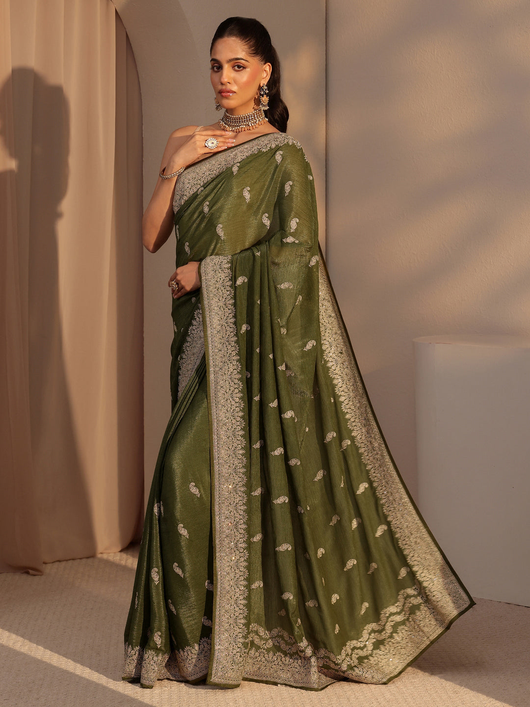  Olive Green Ethnic Embroidered Chiffon Saree 