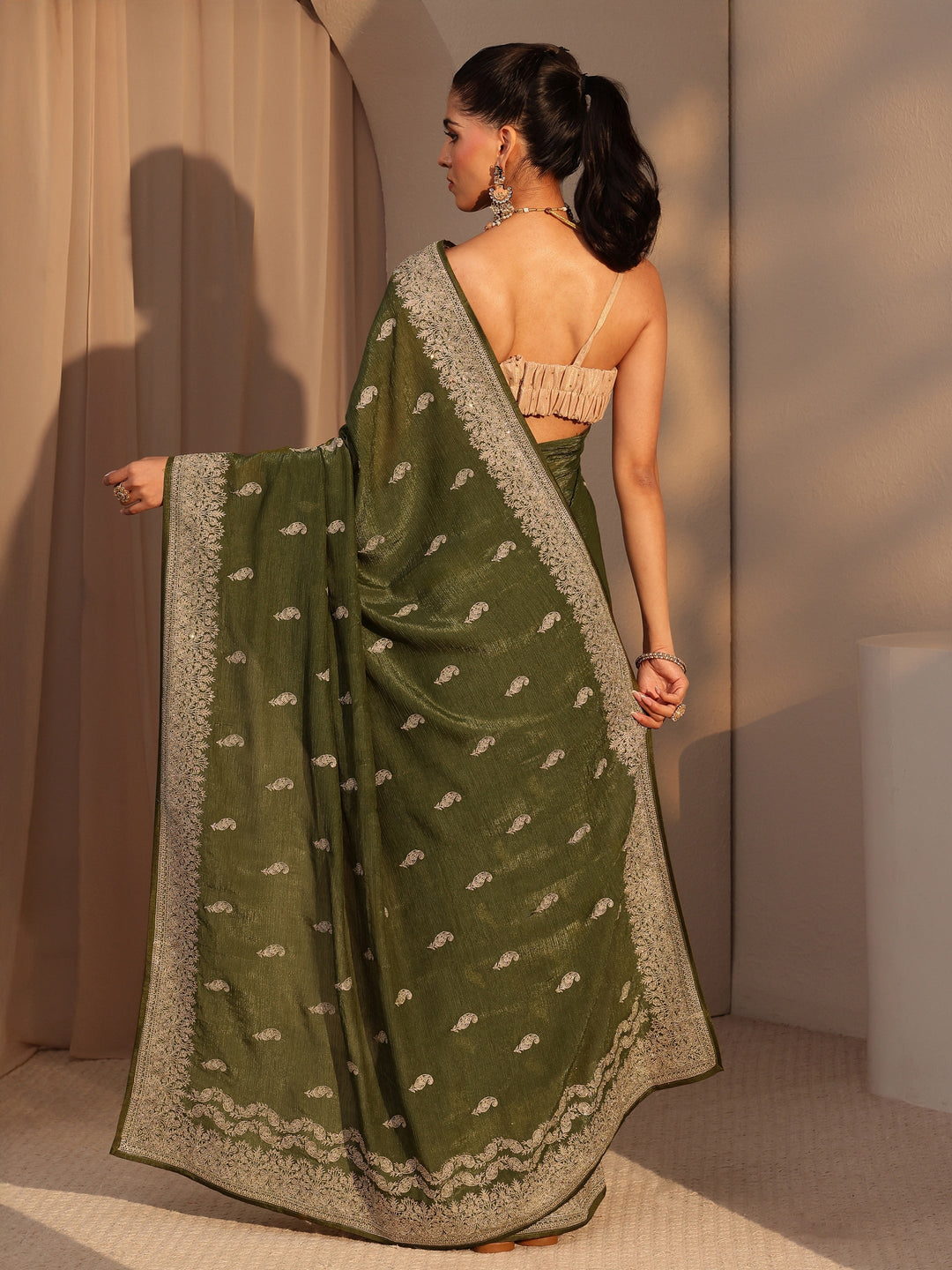  Olive Green Ethnic Embroidered Chiffon Saree 