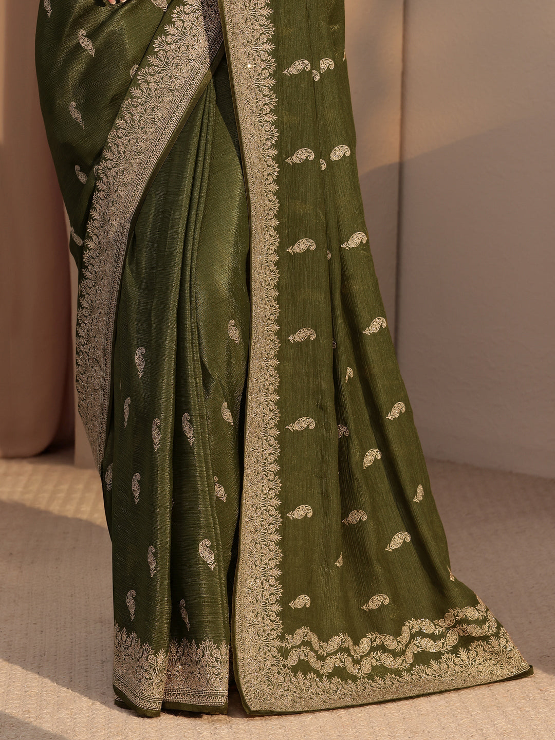  Olive Green Ethnic Embroidered Chiffon Saree 