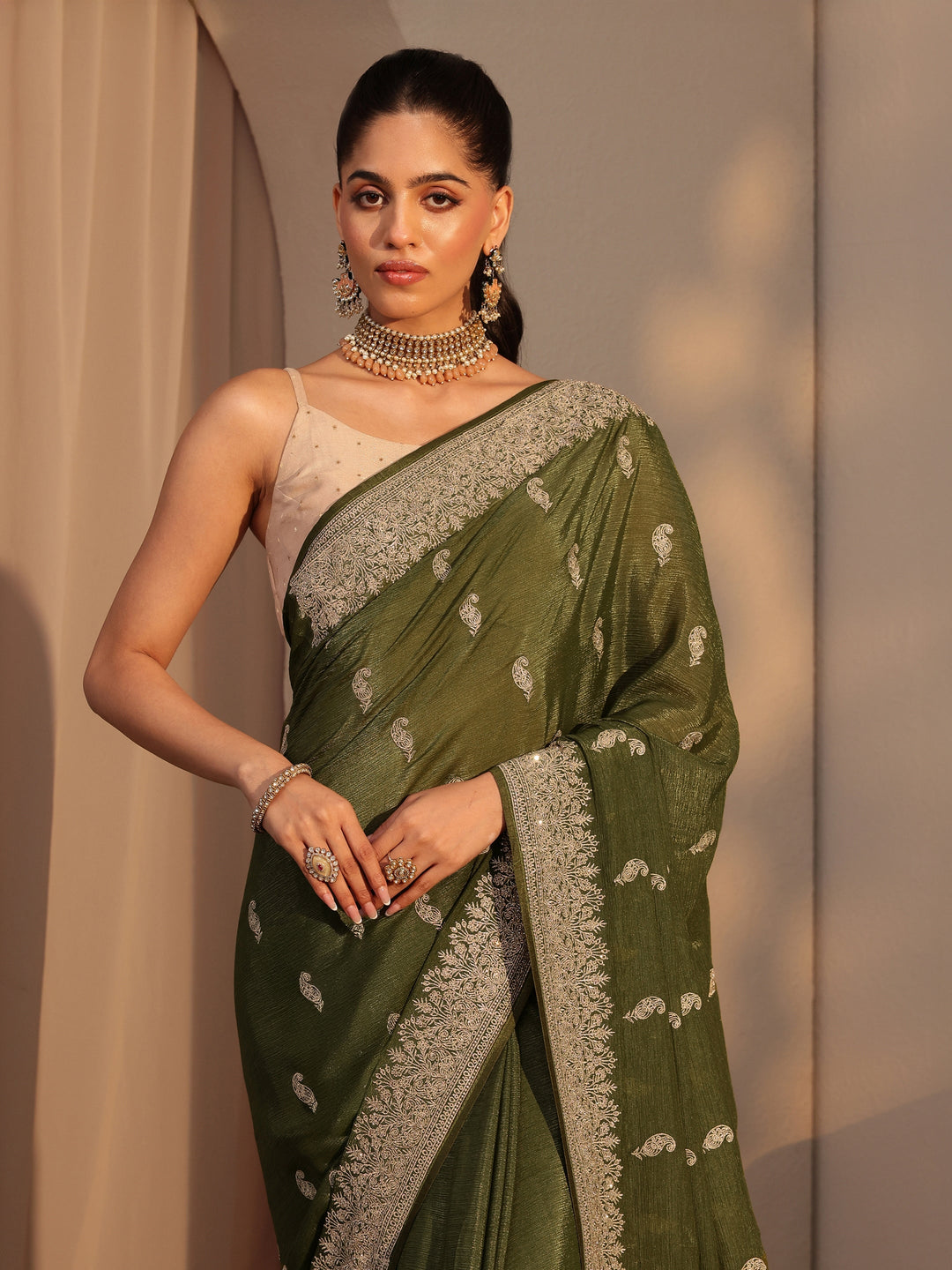  Olive Green Ethnic Embroidered Chiffon Saree 