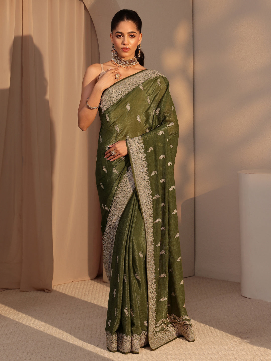  Olive Green Ethnic Embroidered Chiffon Saree 