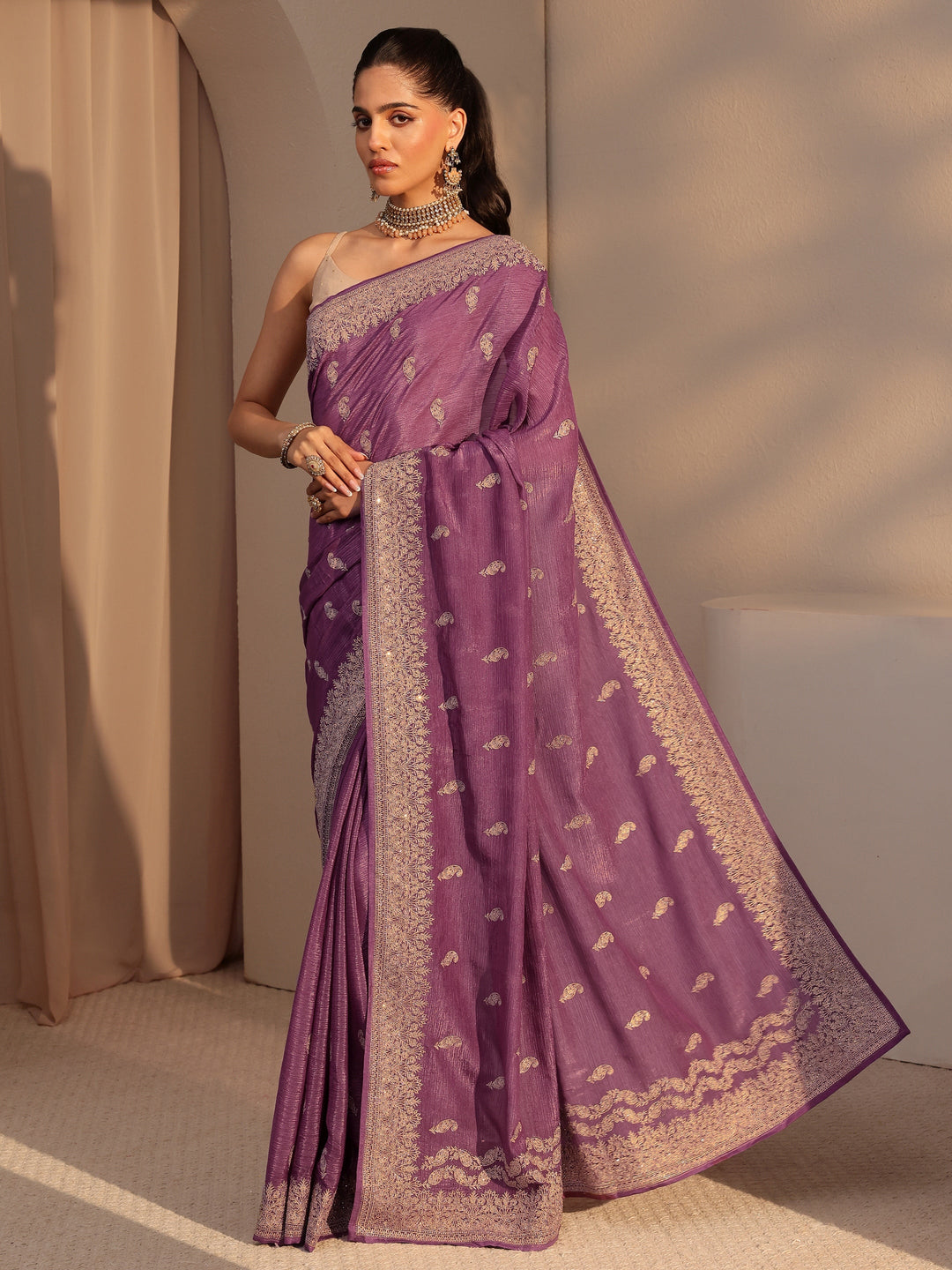  Mauve Ethnic Embroidered Chiffon Saree 