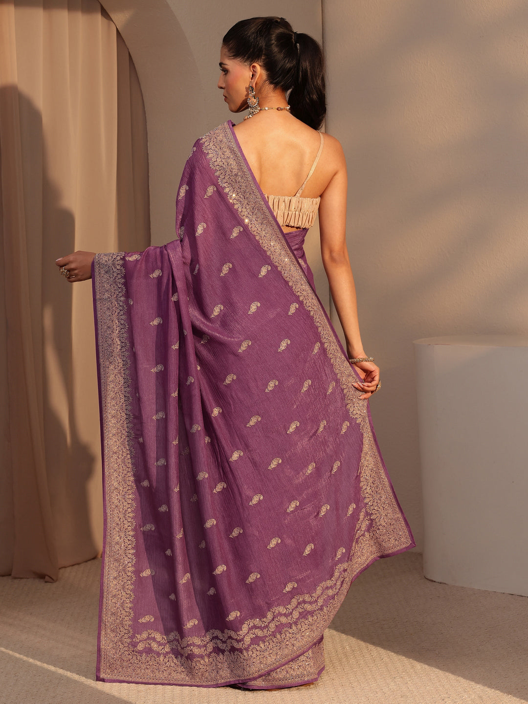  Mauve Ethnic Embroidered Chiffon Saree 