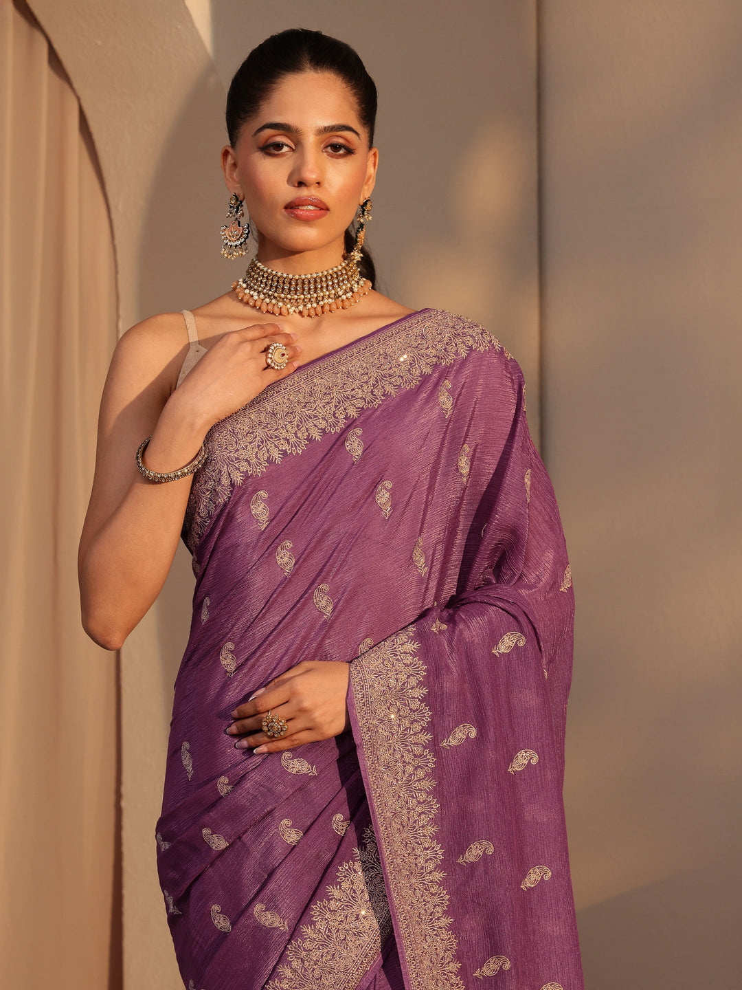  Mauve Ethnic Embroidered Chiffon Saree 