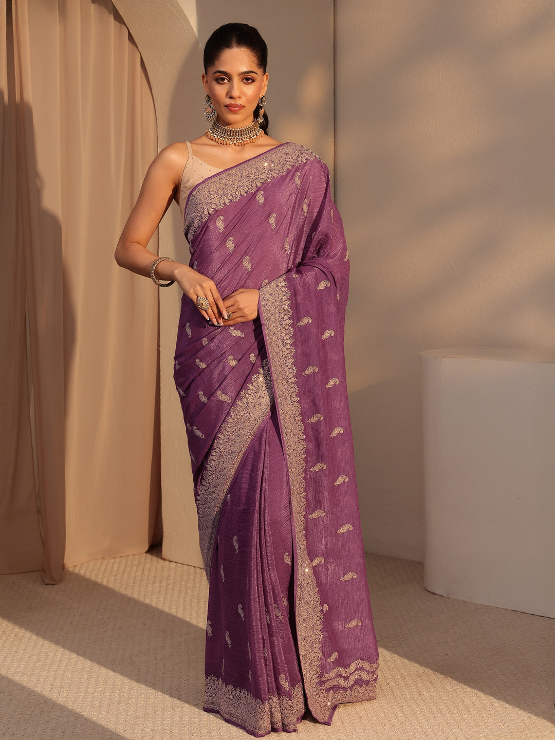  Mauve Ethnic Embroidered Chiffon Saree 