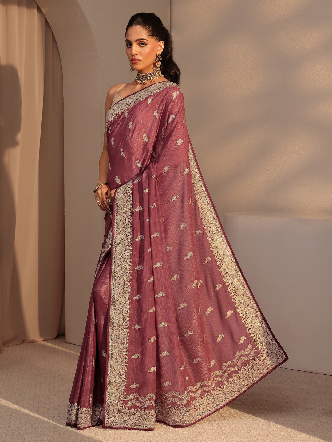  Rust Ethnic Embroidered Chiffon Saree 