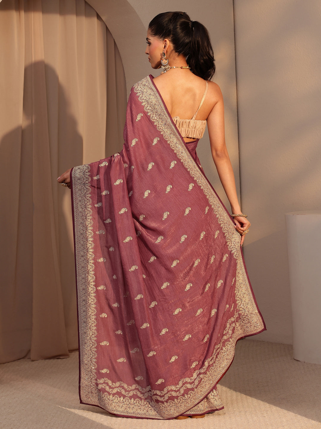  Rust Ethnic Embroidered Chiffon Saree 