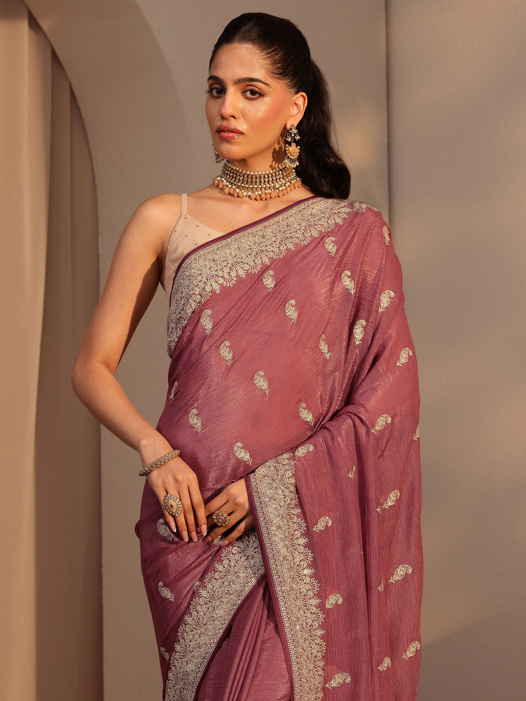  Rust Ethnic Embroidered Chiffon Saree 
