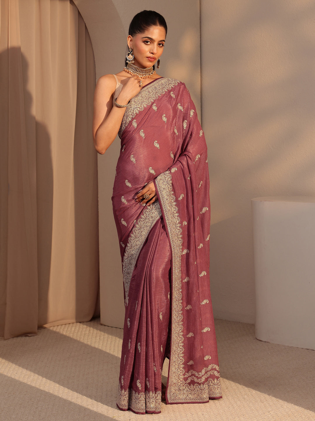  Rust Ethnic Embroidered Chiffon Saree 