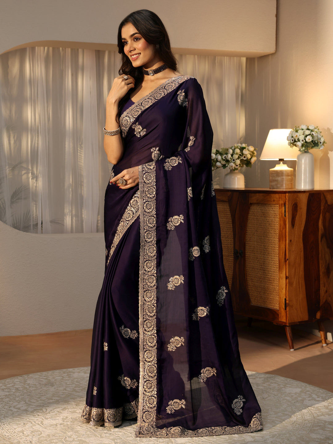  Purple Floral Embroidered Chiffon Saree 