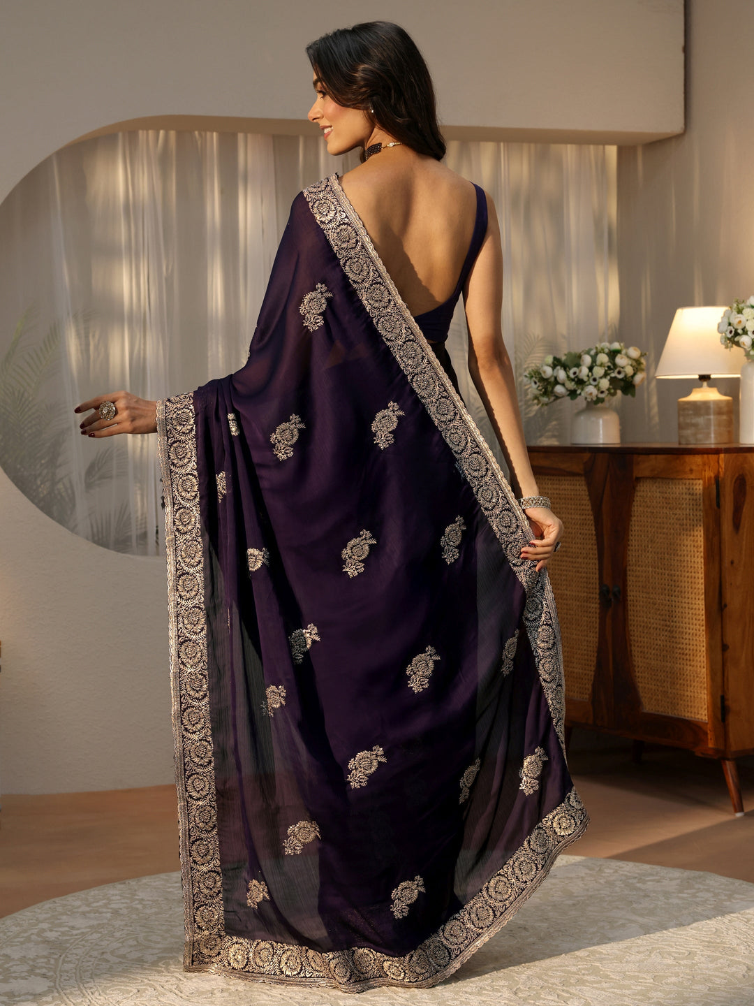  Purple Floral Embroidered Chiffon Saree 