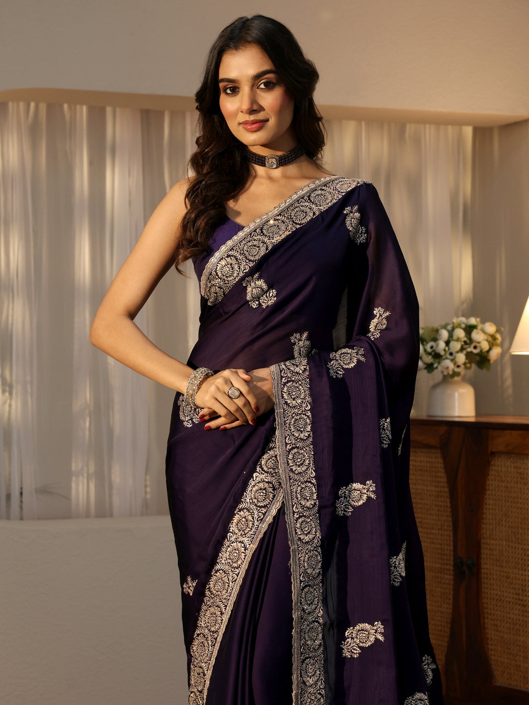  Purple Floral Embroidered Chiffon Saree 