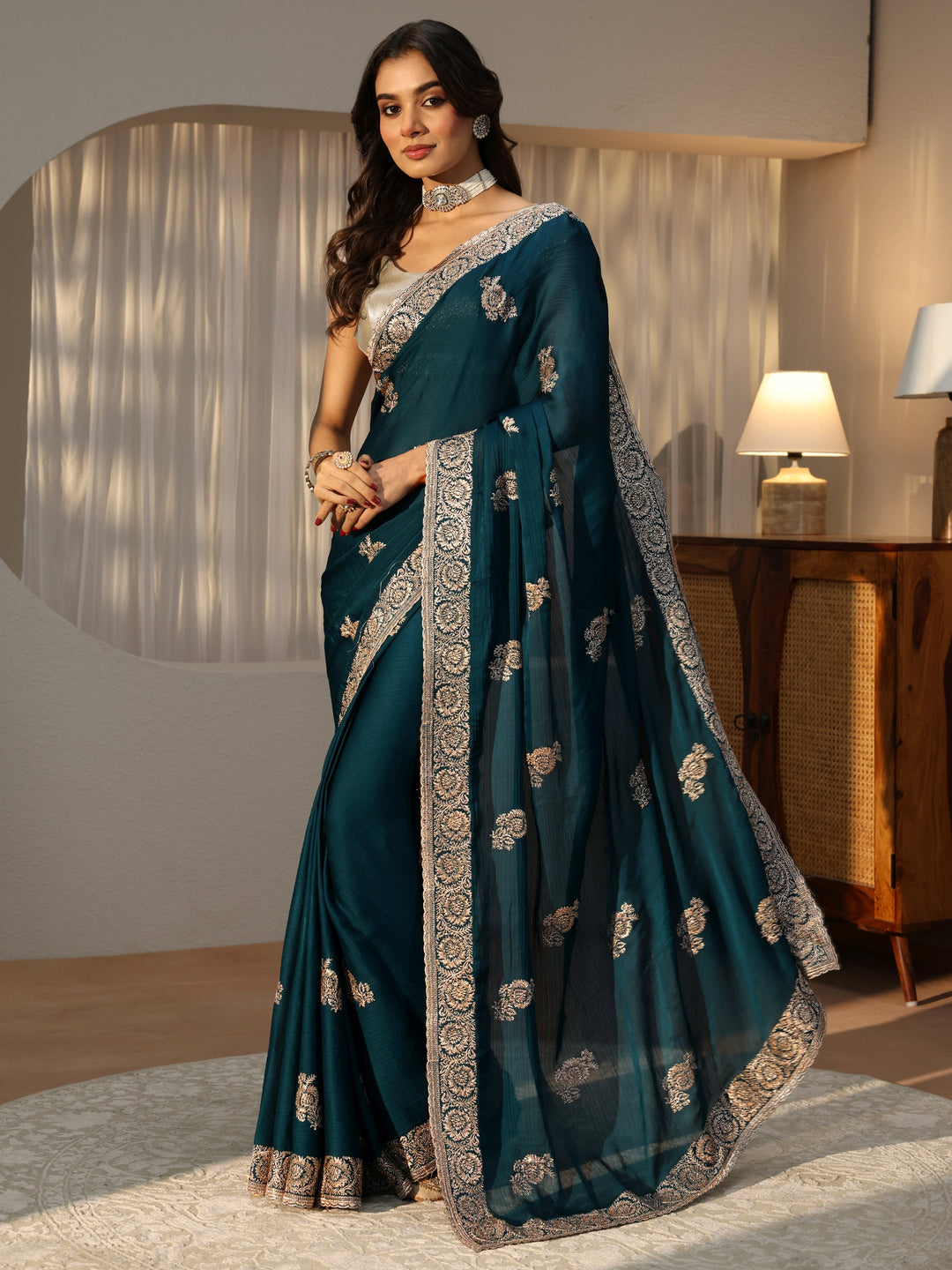  Peacock Blue Floral Embroidered Chiffon Saree 