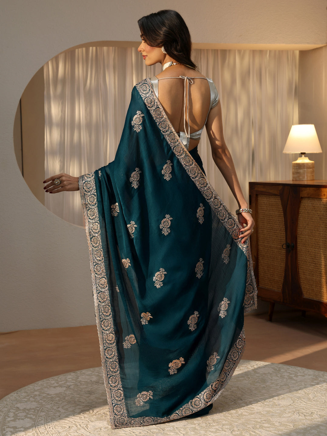  Peacock Blue Floral Embroidered Chiffon Saree 