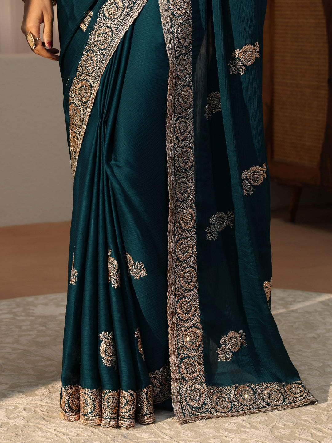  Peacock Blue Floral Embroidered Chiffon Saree 