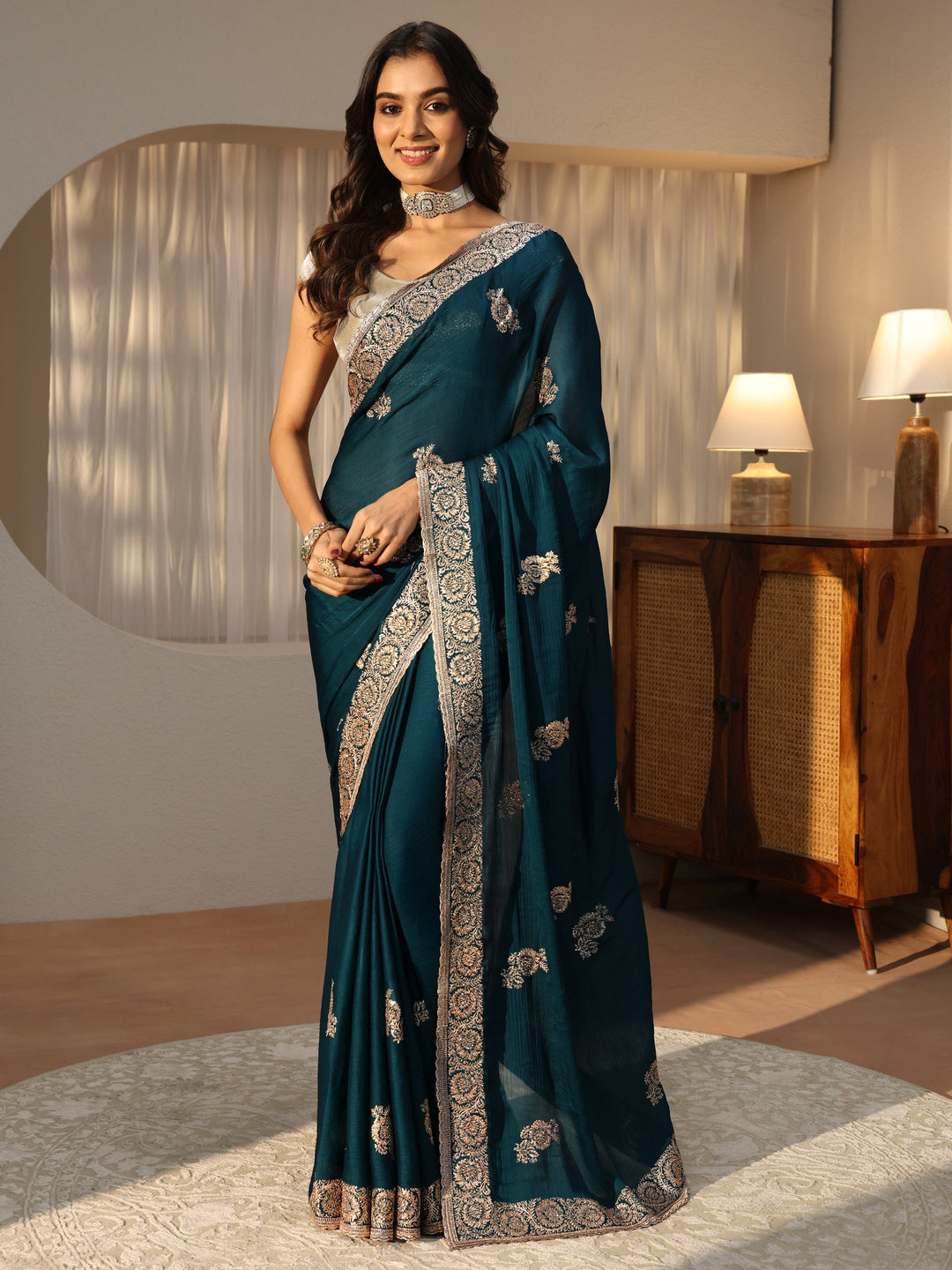  Peacock Blue Floral Embroidered Chiffon Saree 