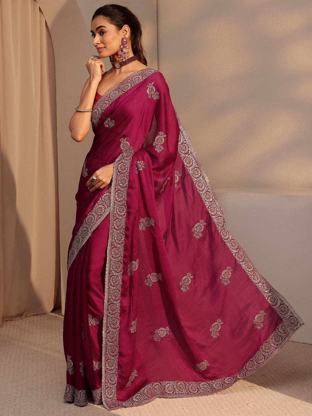  Rani Pink Floral Embroidered Chiffon Saree 