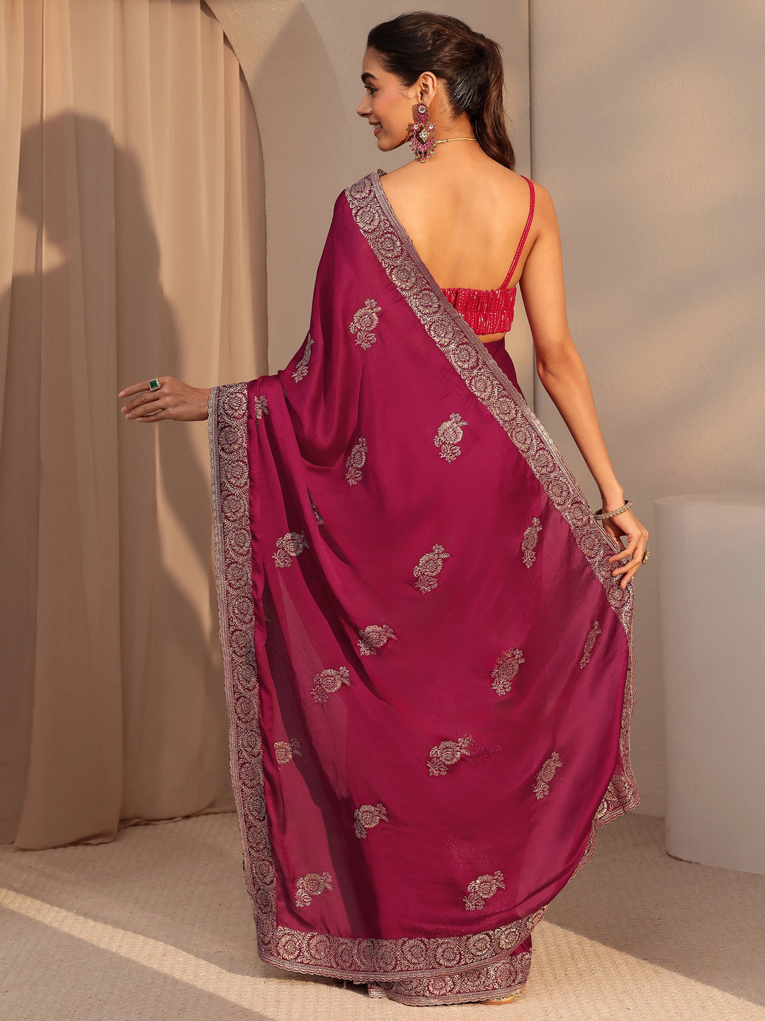  Rani Pink Floral Embroidered Chiffon Saree 