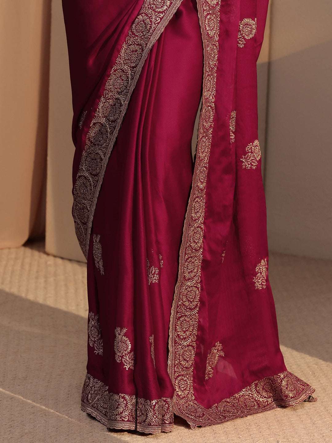  Rani Pink Floral Embroidered Chiffon Saree 