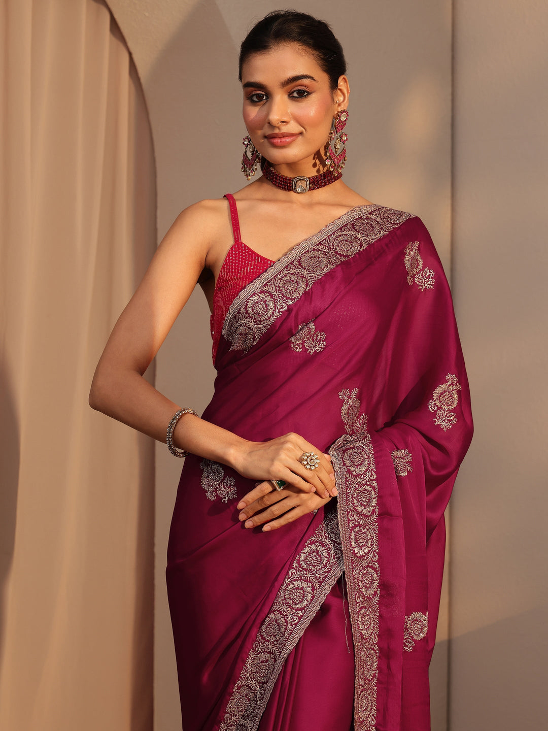  Rani Pink Floral Embroidered Chiffon Saree 