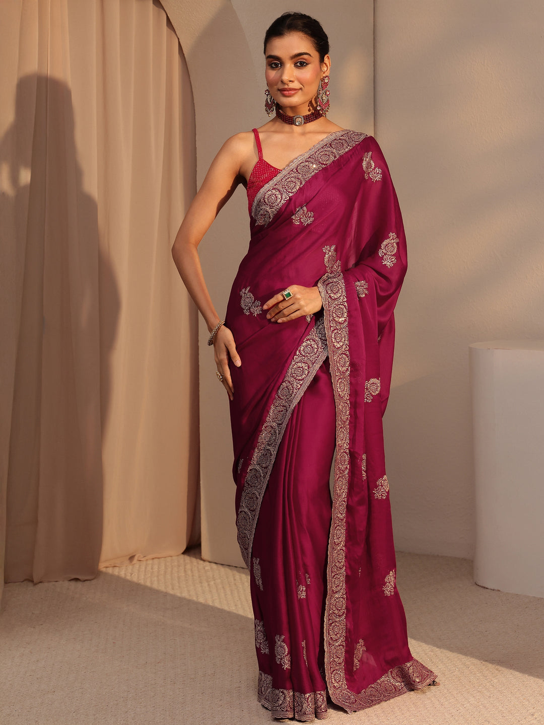  Rani Pink Floral Embroidered Chiffon Saree 