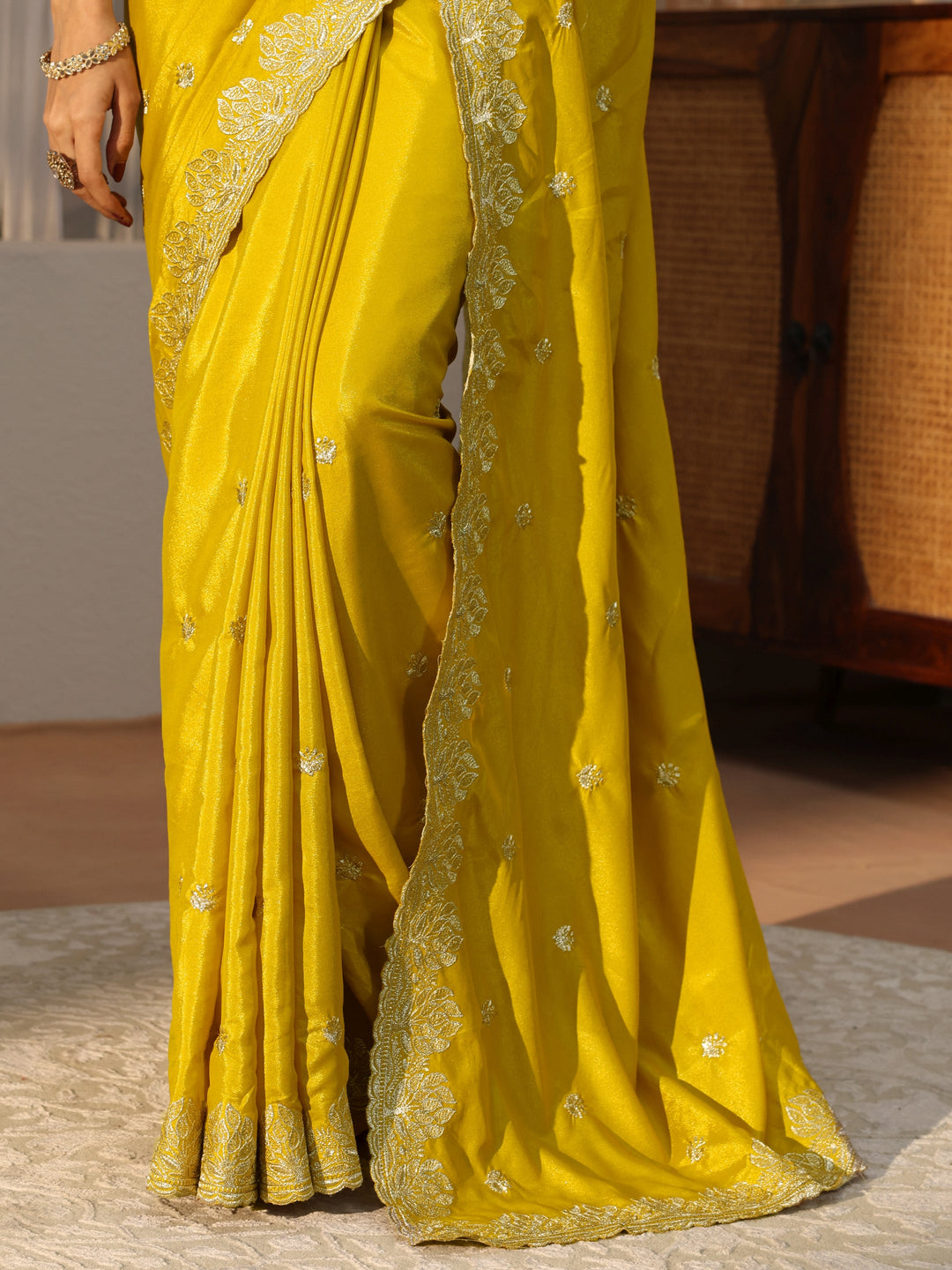  Mustard Floral Embroidered Satin Saree 
