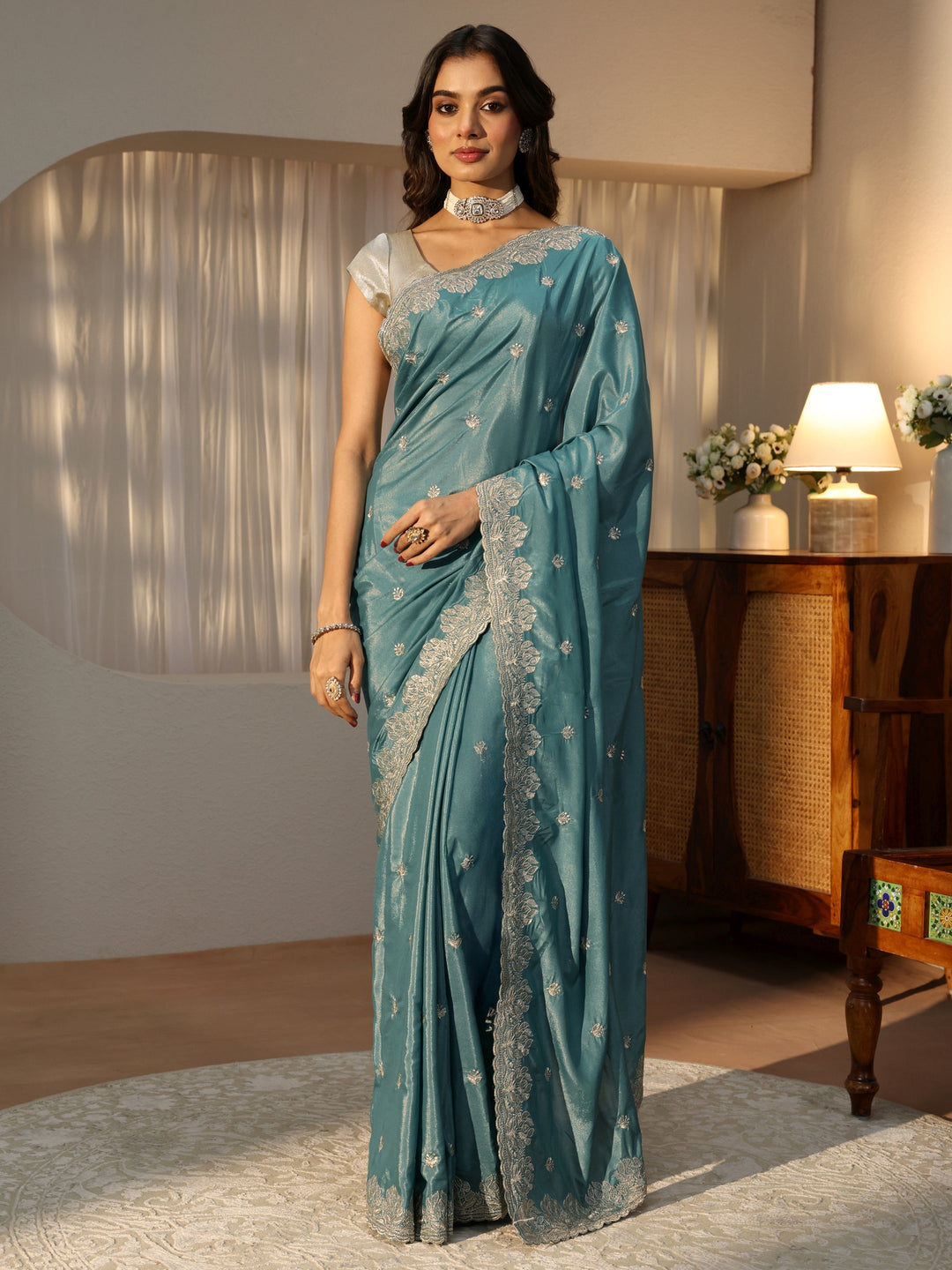  Dusty Blue Floral Embroidered Satin Saree 