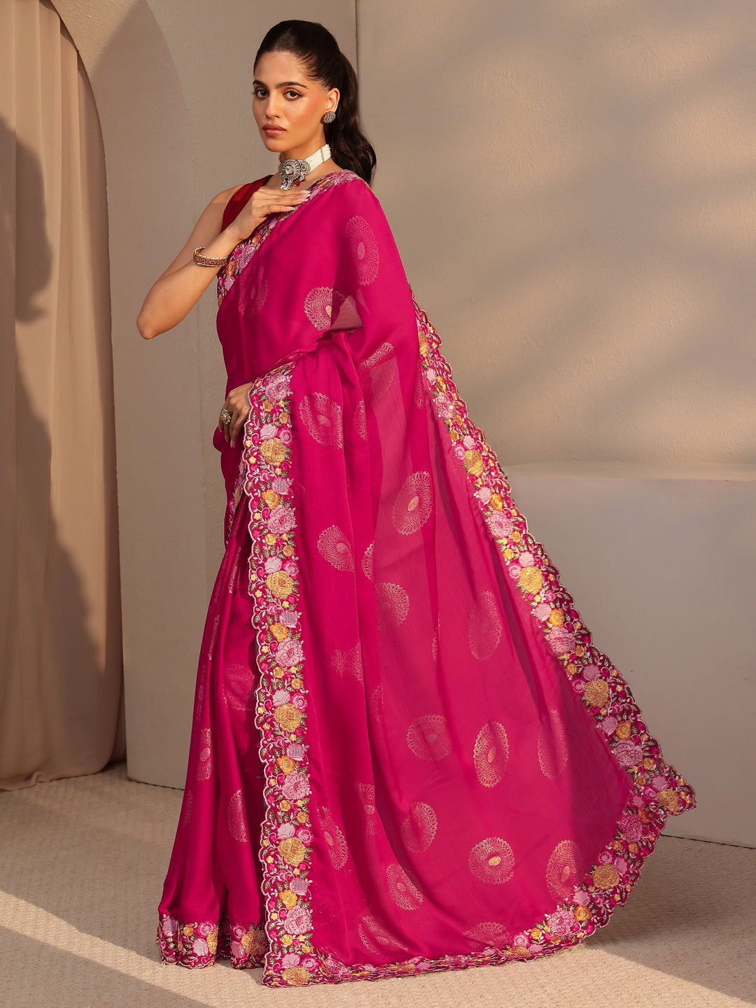  Fuchsia Pink Chiffon Saree with Floral Border 