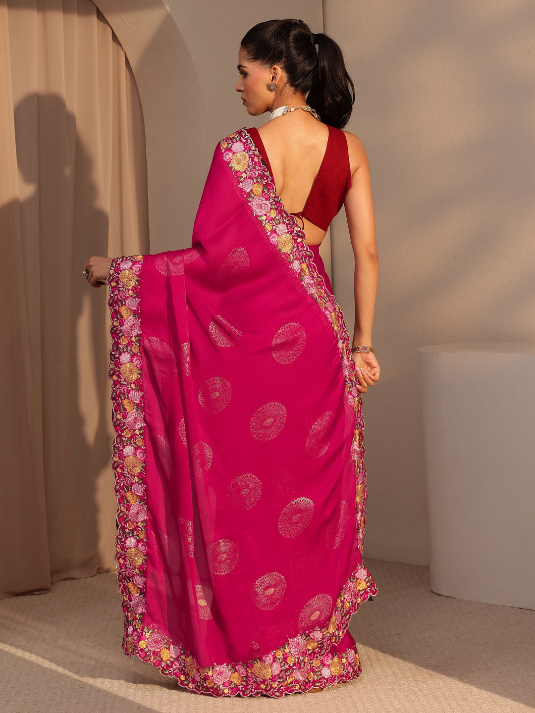  Fuchsia Pink Chiffon Saree with Floral Border 