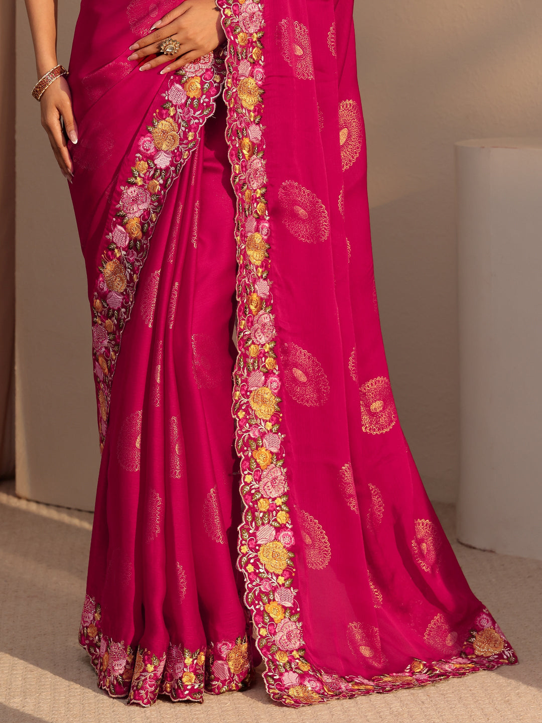  Fuchsia Pink Chiffon Saree with Floral Border 