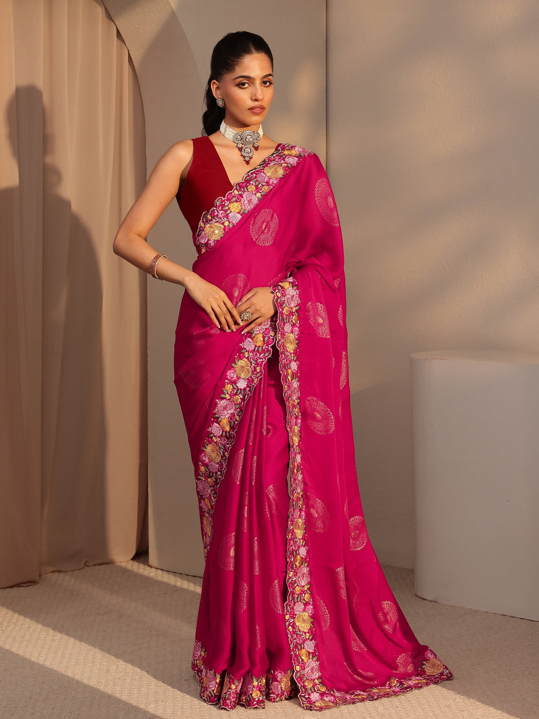  Fuchsia Pink Chiffon Saree with Floral Border 