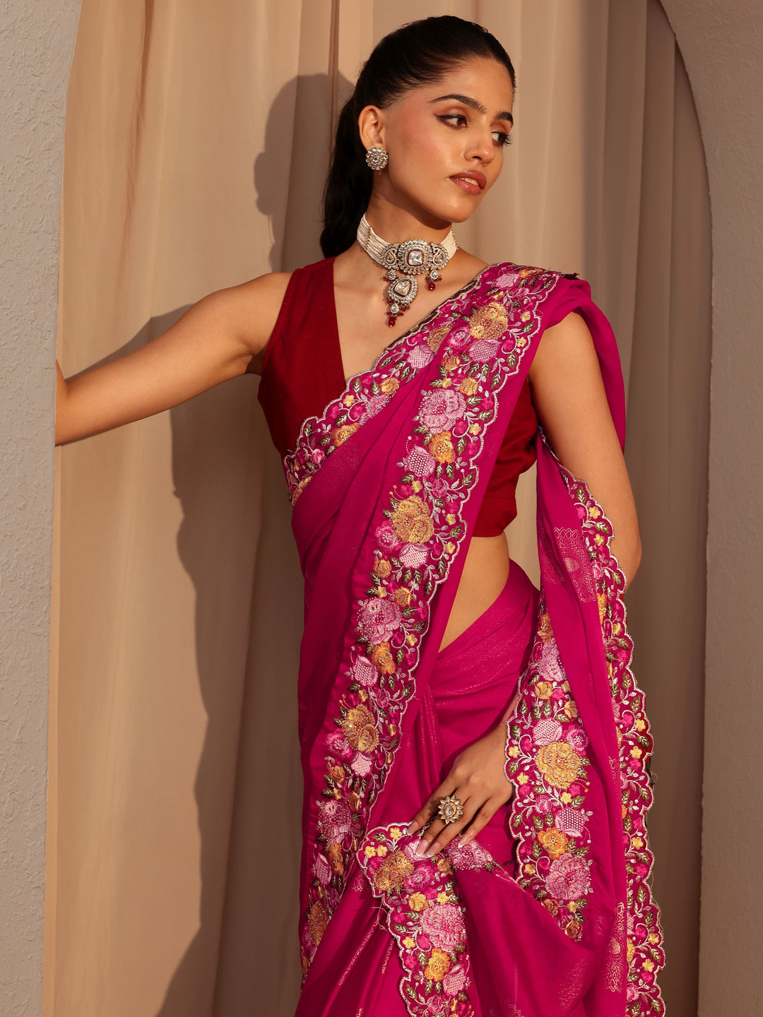  Fuchsia Pink Chiffon Saree with Floral Border 