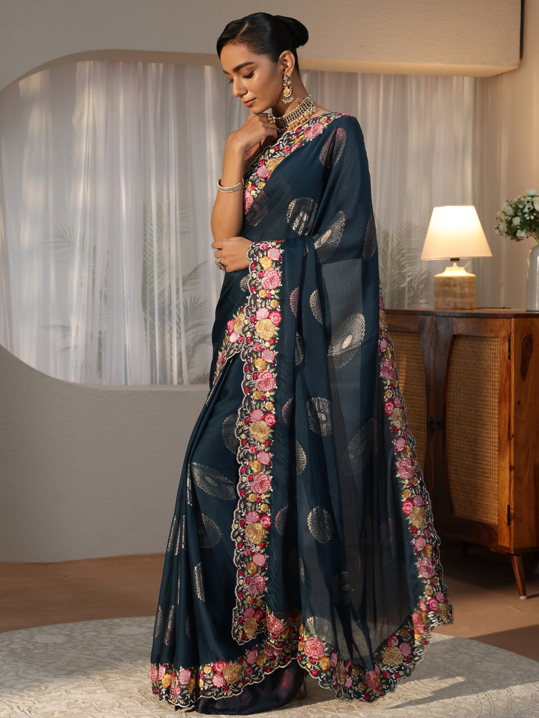  Navy Blue Printed Chiffon Saree with Floral Border 