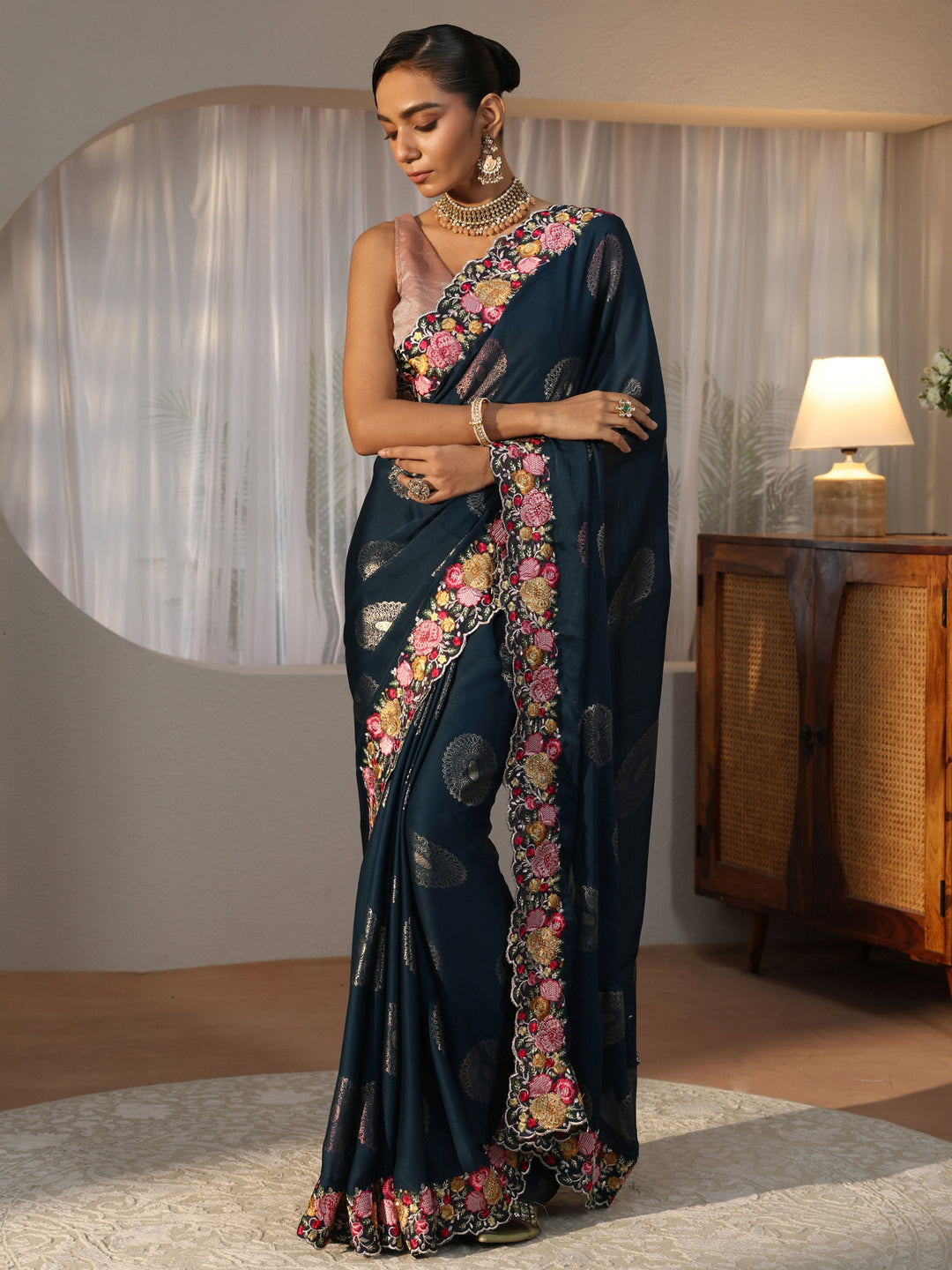  Navy Blue Printed Chiffon Saree with Floral Border 