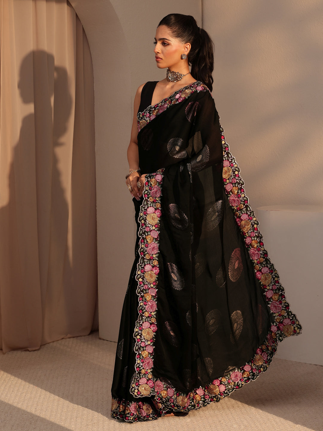  Black Chiffon Saree with Floral Border 