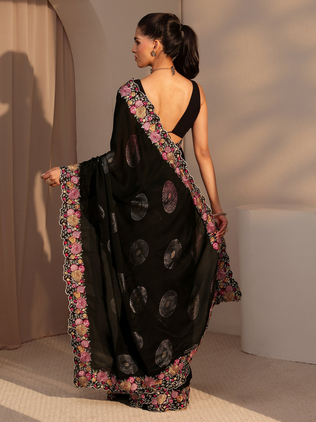  Black Chiffon Saree with Floral Border 