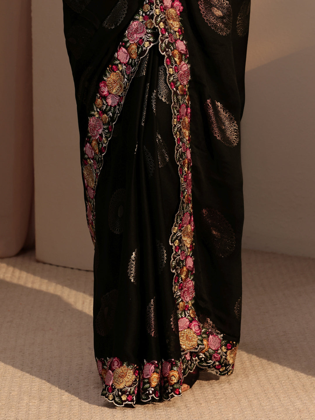  Black Chiffon Saree with Floral Border 