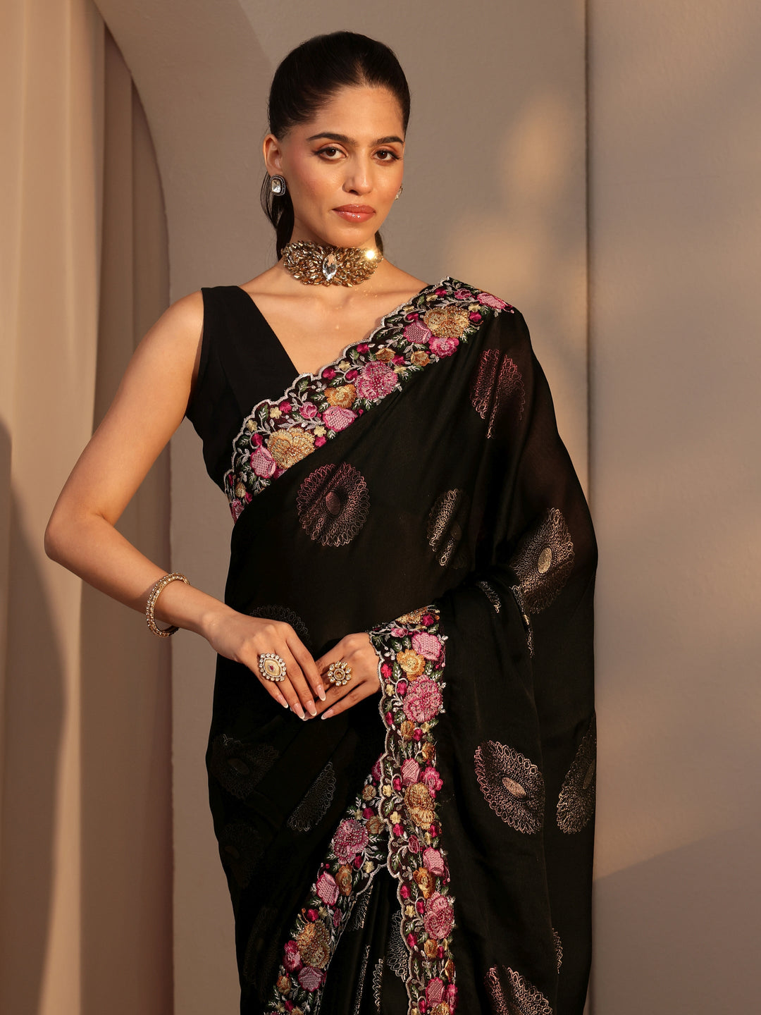  Black Chiffon Saree with Floral Border 