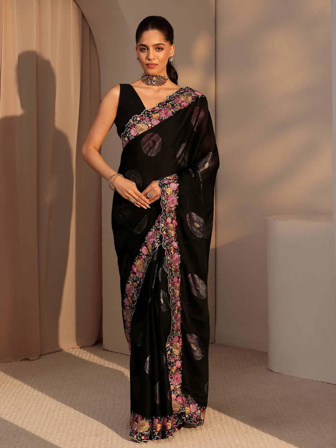  Black Chiffon Saree with Floral Border 