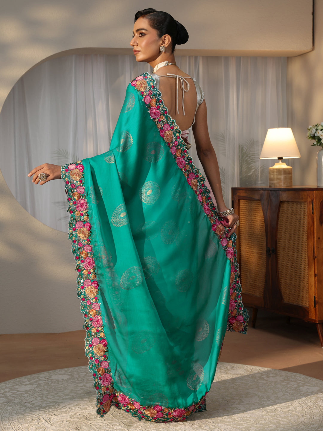  Teal Blue Printed Chiffon Saree with Floral Border 